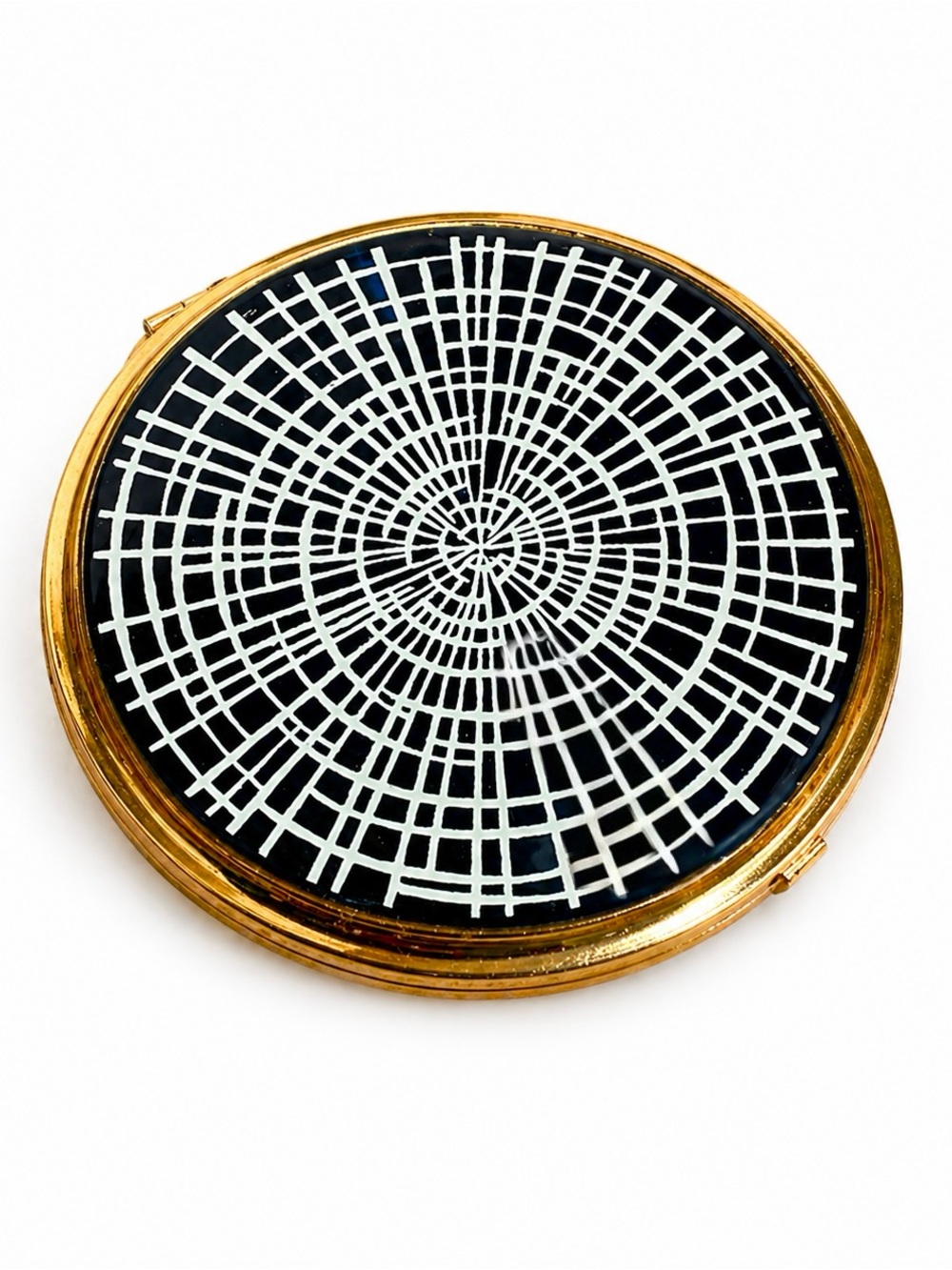 Vintage Mid Century Stratton Black Enamel Op Art Spiderweb Round Compact